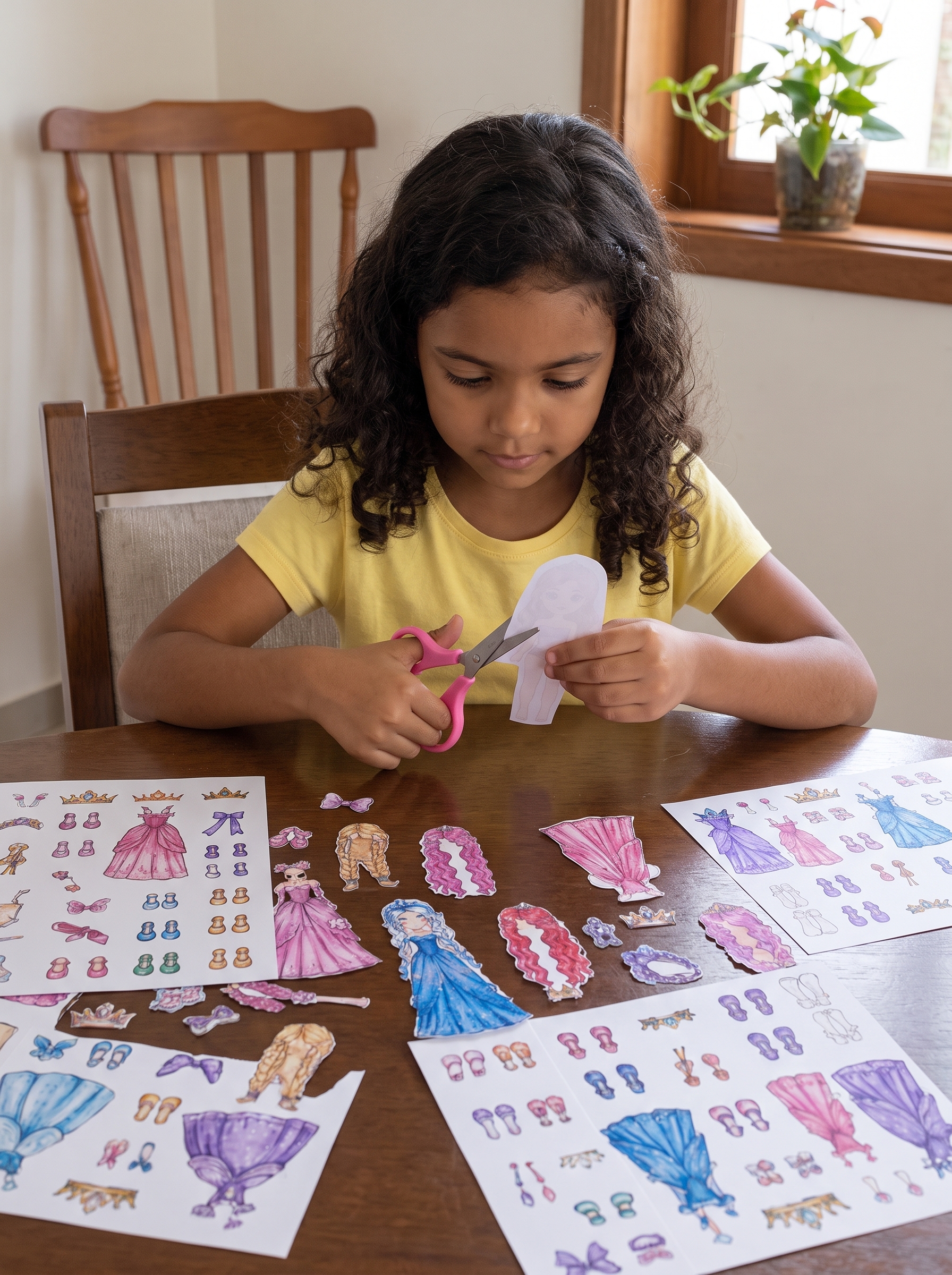 Criança recortando uma boneca de papel cercada por roupas e acessórios coloridos