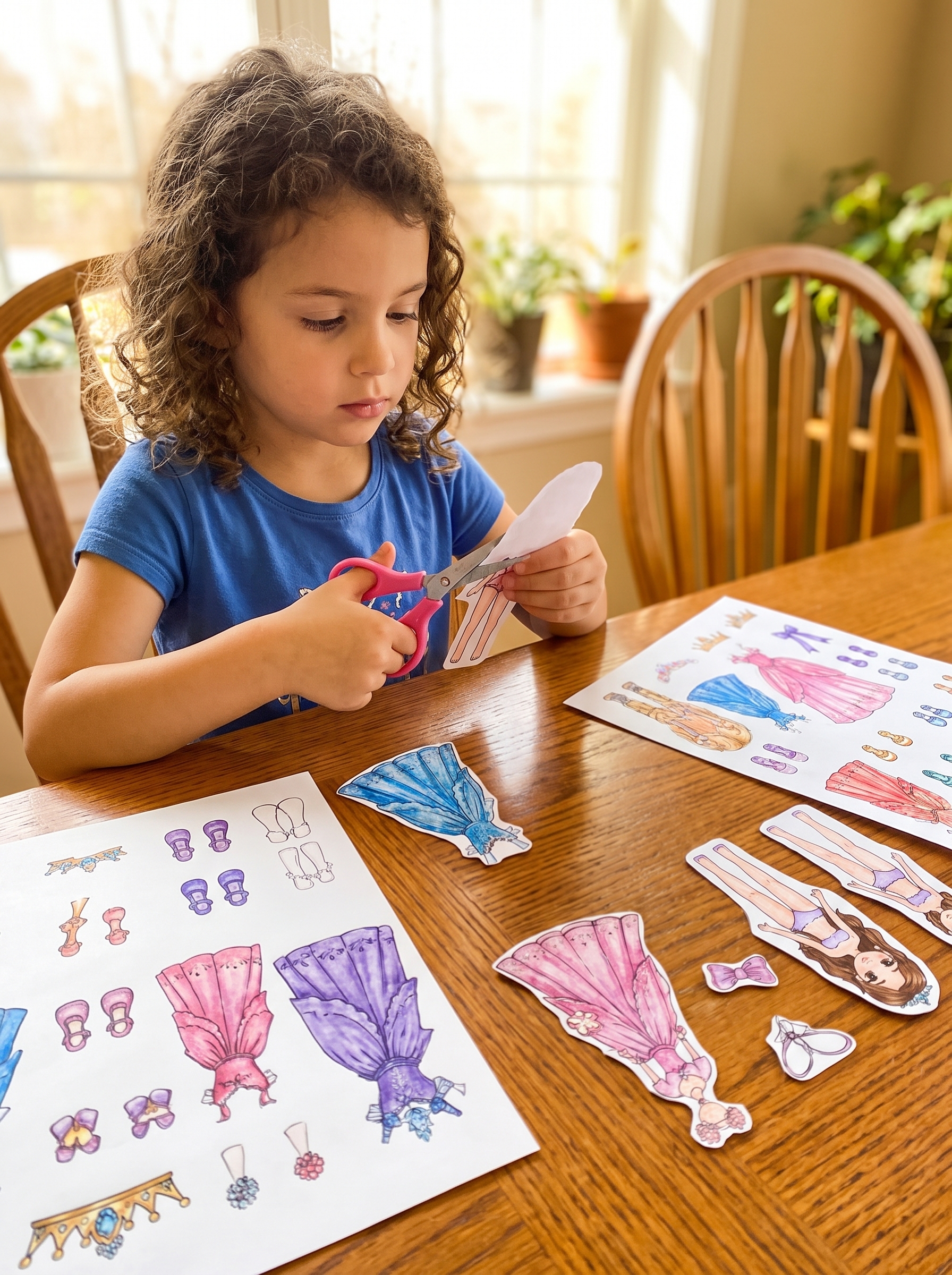 Criança recortando uma boneca ao lado de diferentes vestidos de papel