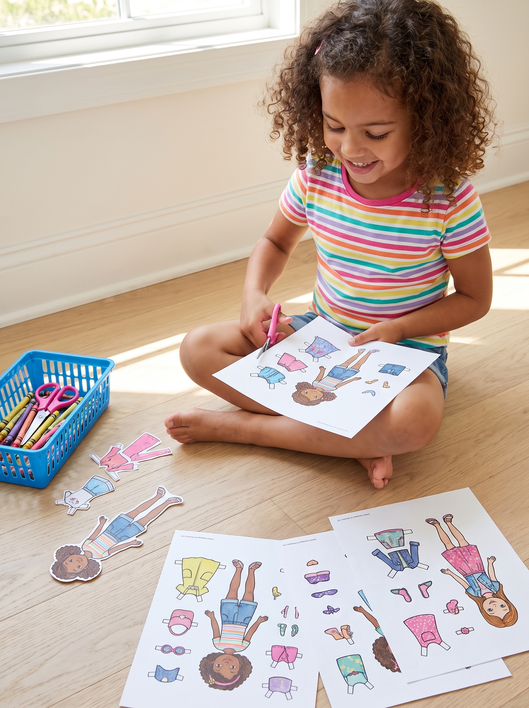Criança brincando com bonecas e roupas de papel coloridas