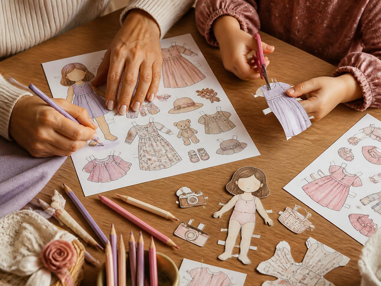 Responsável e criança colorindo e recortando roupas de papel juntas